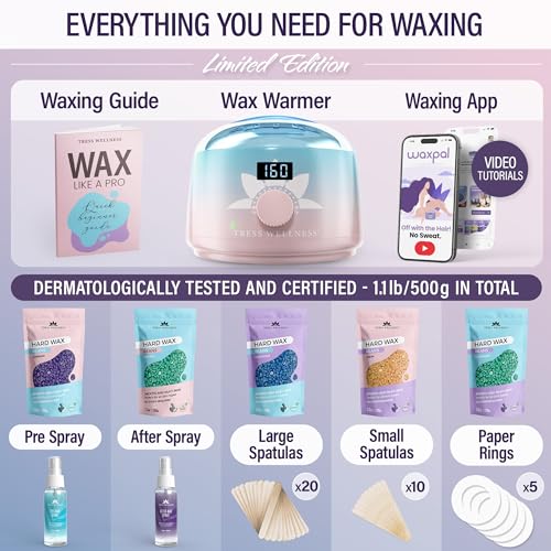 Image of Tress Wellness Award Winning Waxing Kit for Sensitive Skin - Safe for Face & Skin, Easy to Use - At-Home Kit for Face, Bikini, Brazilian & Full Body - Digital Display, Pink to Teal