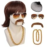 JoneTing Mens Disco Flip Wig【+1 Chain+1 Mustache+1 Glasses +1 Hair Cap】 Mens 70s 80s Disco Wig Short Dark Brown Disc Party Wigs for Men Short Brown Wavy Wigs 70s 80s Costume Hair