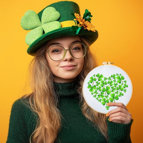 Image of BEUNITONE 4 Set Lucky Clover Pattern Embroidery Kit for Adult Beginners | DIY Complete Needlepoint Kits for Adults, Cross Stitch Starter Kit with Hoops, Handmade Gifts for Fabric Home Decor 20x20cm