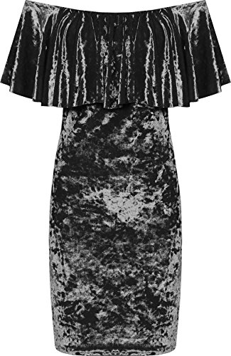 WearAll Women's Plus Crushed Velour Party Dress Ladies Tiered Off Shoulder Bardot Velvet - Black - 16