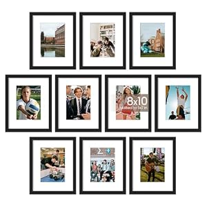 upsimples 8×10 Picture Frame Set of 10, Display Pictures 5×7 with Mat or 8×10 Without, Multi Photo Frames Collage for Wall or Tabletop Display, Black