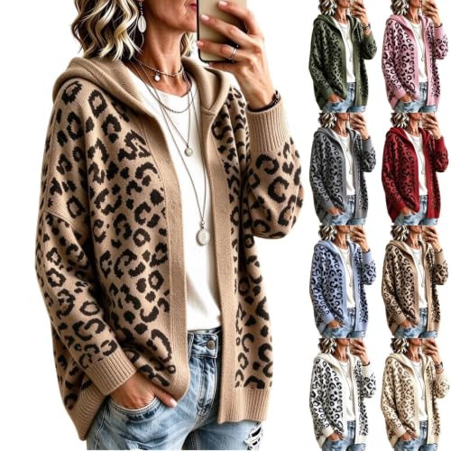 Leopard Print Cardigan Sweater Open Front Knit Cardigan with Hood Top - image 1