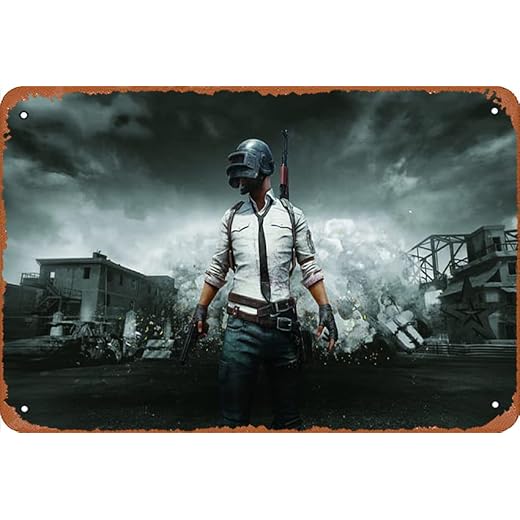 PUBG, Metall-Blechschild mit Aufschrift "Player Unknown Battleground", Spieler, Schießen, Videospiel, Retro-Wanddekoration für Zuhause, Tor, Garten, Bars, Restaurants, Cafés, Büro, Geschäft, Pubs