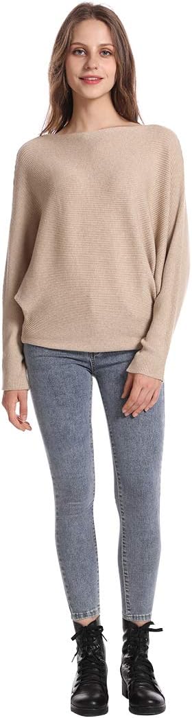 Women's Batwing Sleeves Sweater Solid Boat Neck Knit Pullover Dolman Sweater Tops for Women - Image 9