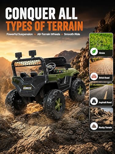 Image of Wishmaster Army Green 4x2 Electric Ride-On Jeep for Kids - Big Wheels, Sinlge Seat, Music & LED Lights | Off-Road Adventure Car