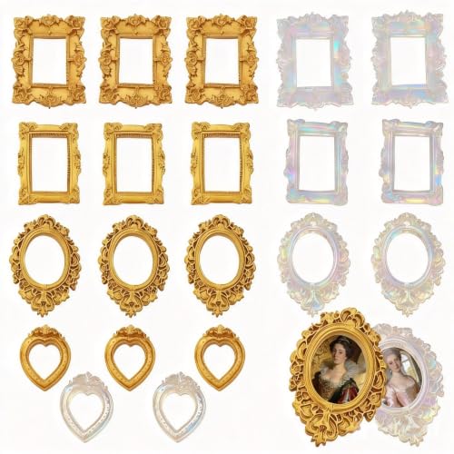 mxyteabz 20 Pcs Vintage Mini Frames Bulk 12 Antique Gold & 8 Crystal Holographic Resin Frames Small Baroque Ornate Picture Frames for Jewelry Photography Props