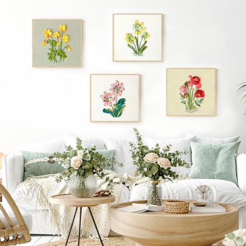 Image of LOMOHOO 4 Sets Ribbon Flower Embroidery Kit for Beginners, Needlepoint Stamped Cross Stitch Starter Kits, Stitch Learning DIY Kit with Floral Pattern, Thread, Hoops, Colorful Ribbons Flower