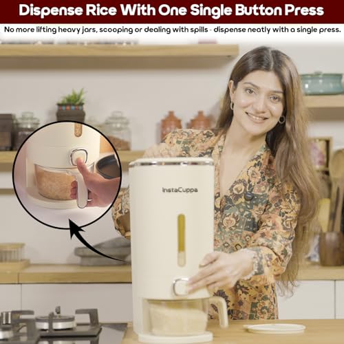 Image of InstaCuppa 10 Kg Rice Dispenser, Airtight Plastic Dry Grain Storage Container with Measuring Cup & Strainer, BPA-Free & Odorless, Single-Button Dispensing Kitchen Organizer