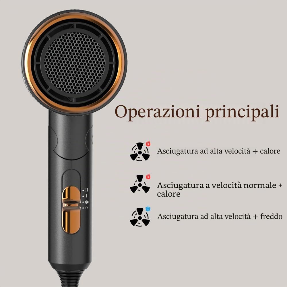 Asciugacapelli Phon ionico RESCIEN 2000W con Concentratori & Diffusore [Compatto/Ultraleggero/2026 NEW- 10x7x19cm/250g] Phon Capelli da viaggio, Mini Asciugacapelli per Asciugatura Rapida (Nero)