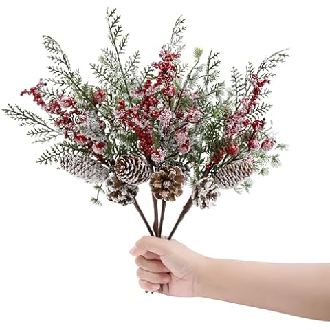 Topotdor 4 Pack Christmas Floral Pine Picks Artificial Red Berry Stems 16.5" Snowy Christmas Pine Branches w/Pinecones for Xmas Tree Floral Arrangement DIY Craft Holiday Table Centerpieces Cover