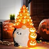 AlevaHive Ceramic Gnome Halloween Decorations -Orange Pumpkin Gnome Ceramic Tree Lighted - Black Decor Bedroom Indoor, Halloween Centerpieces for Table Decor
