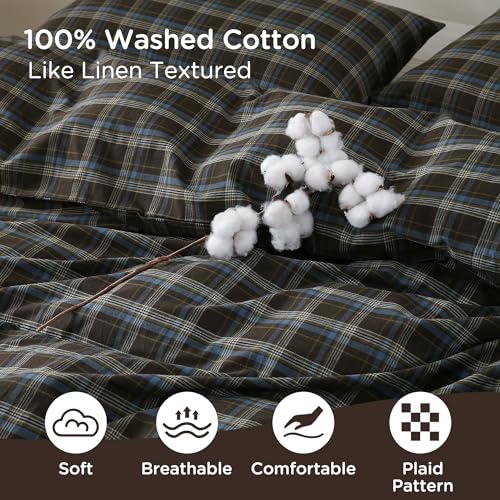 Image of TOCOMOA Buffalo Plaid Duvet Cover Set 100% Washed Cotton Like Linen Feel Super Soft Comfy 3 Piece Brown Blue Gingham Checkered Bedding Comforter Cover Set (Full 90 inchx90 inch, Comforter Not Included)