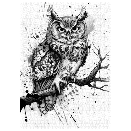 Puzzles de Búho para Adultos 1000 Piezas, Rompecabezas de Naturaleza y Bosque con Pájaros, Arte en Blanco y Negro de Animales de Jungla como Decoración de Búho miniatura 2