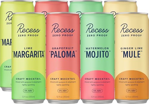 Recess Zero Proof Craft Mocktails, Alcohol Free Drinks, With Adaptogens, Non-Alcoholic Beverage Replacement, Mixer, Celebration, Party, (Sampler, 12oz, Pack of 12)