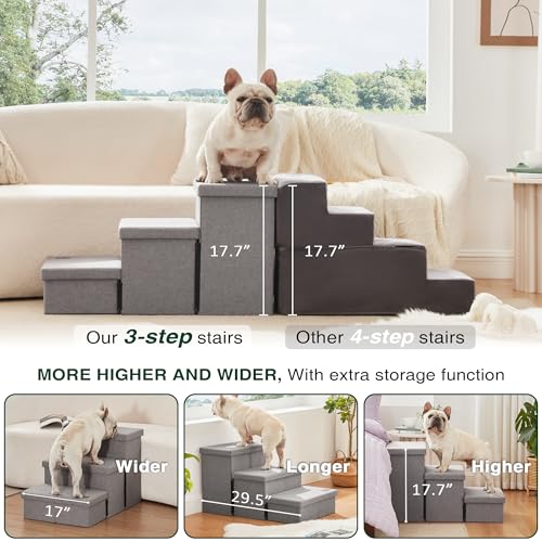 Love's cabin Dog Stairs for High Bed 18"H,Foldable Pet Stairs for Small Medium or Large Dogs Puppy with Storage for Bed or Couch, Cat Dog Steps Ramp with Zip up to 200 lbs(Solid Grey,3 Steps no Condo) - Image 4