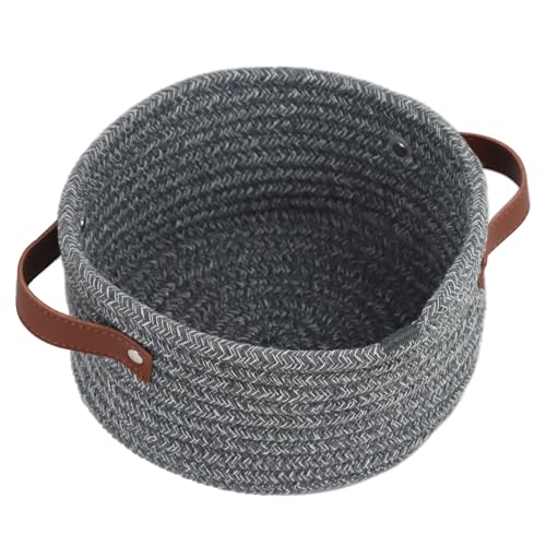 Image of Small Woven Basket, Cute Mini Cotton Rope Storage Basket with leather handle, Tiny Decorative Round Storage Bin, Boho Empty Gift Baskets for Organizing, Toy Organizer for Nursery (Grey)