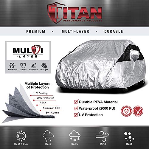 Image of Titan Premium Multi-Layer PEVA Car Cover for Hatchbacks 165-181 inch. Waterproof, UV Protection, Anti-Scratch Protective Lining, Driver-Side Zippered Opening. Fits Prius, Focus, Civic and More.