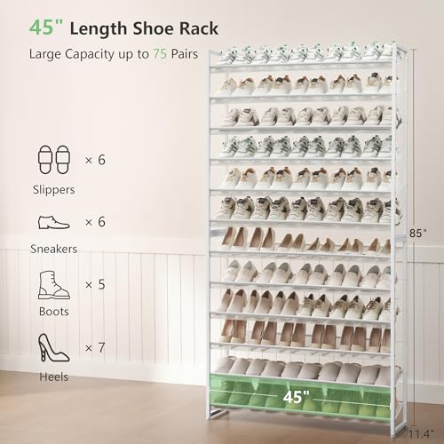 Image of Nunsino Shoe Rack, Long Shoe Organizer,Max Holds 75 Pairs,12 Tier Metal Shoe Storage Shelf,6-Tier Stackable Shoes Organizer for Garage, Entryway,White