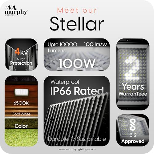 Image of Murphy Stellar 100W LED Flood Light with 2-Year Warranty | Cool White | High Brightness Outdoor LED for Security, Landscape, Warehouse, Backyard| IP66 Waterproof | BIS Approved - Pack of 5