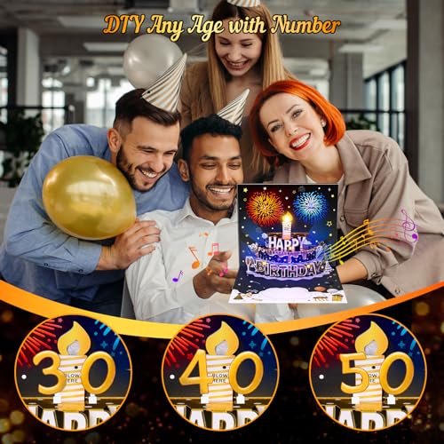 Image of INPHER UPGRADED DIY Age Birthday Cards Fireworks Pop Up Cake Light and Music Black and Gold Happy Birthday Card Gift for Husband, Men, Women, Mom, Grandma