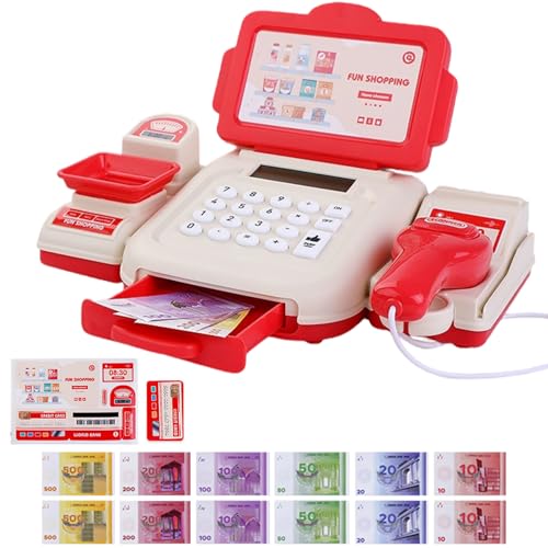 Caja registradora de Juguete con escáner, función de calculadora Caja registradora para niños con Tarjeta de crédito de Dinero de simulación, Compras educativas hasta Juguetes para Juegos de rol, Roj