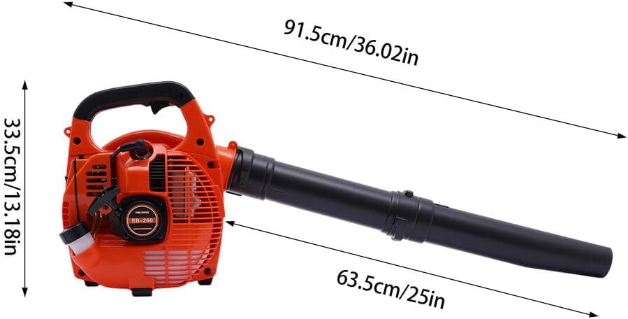 Diagram showing the dimensions of the Gosangom 25.4CC Petrol Leaf Blower: 91.5cm (36.02in) length and 33.5cm (13.18in) height, with the blast pipe being 63.5cm (25in).