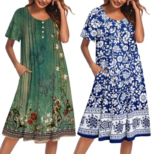 Ekouaer 2 Pack House Dresses for Women with Pockets Short Sleeve Moomoo Nightgown Plus Size Mumu Dress Floral Lounge Dress Floral Green/Bohemian Flowers Blue XXXL