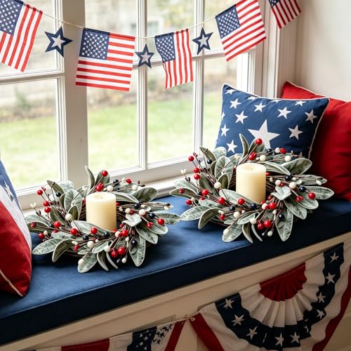 Image of 4 PCS Patriotic 4th of July Candle Rings Wreaths Independence Day Candle Rings Holder with Red White Blue Berries & Lamb's Leaves Mini Memorial Day Labor Day Wreath for Home Table Centerpiece Decor