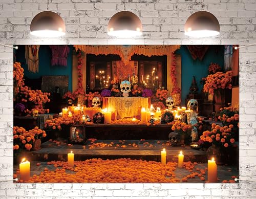 Pudodo Day of The Dead Photo Booth Backdrop Da De Los Muertos Decoration Sugar Skull Marigold Photography Wall Decor