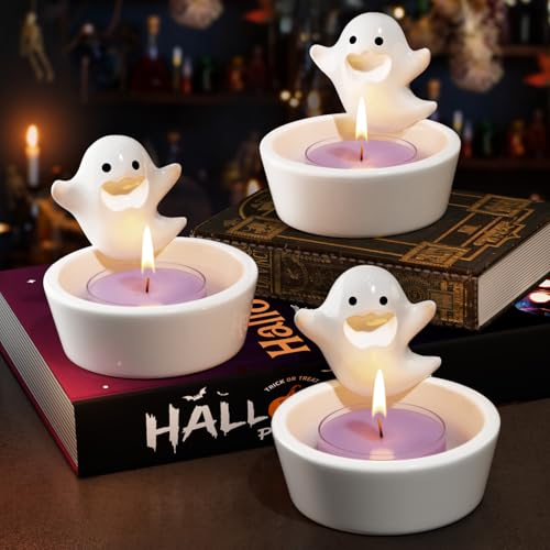 WHOLEV Cute Cartoon Small Ghost Candle Holder,White Handmade Ceramic Candlestick