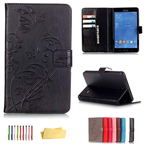 UUcovers Case for Samsung Galaxy Tab 4 7.0 & Nook 7.0' 2014 Cover (SM-T230/ SM-T230NU/ T231/T235), Embossed PU Leather Magnetic Folio Stand TPU Wallet with Pocket Cards Holder, Black Butterfly Flower