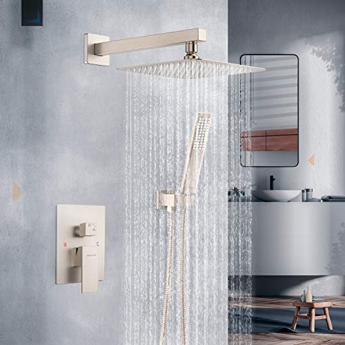 EMBATHER Shower System, Shower Faucets Sets Complete For Bathtroom California Certified-10 Inches Shower Head with Brass Valve and Trim Kit, Brushed Nickel