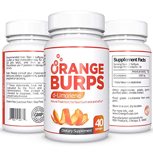 MIH Products | Orange Burps D-Limonene Softgels | All-Natural Orange Peel Extract Acid Reflux & Heartburn Dietary Supplement | Gluten-Free | 1 Bottle Containing 40 Softgels (Pack of 3)