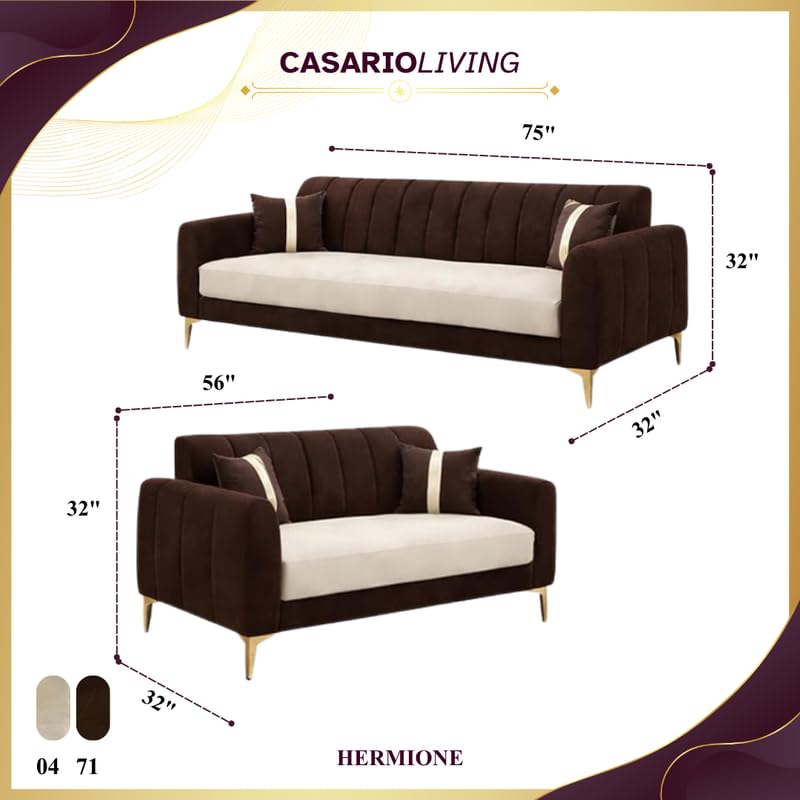 Image of Hermione Luxe Velvet-Suede Fabric 3 Seater + 2 Seater Sofa Set | Golden Legs | Comfortable & Spacious Seating | Modern Sofa Set for Living Room - Dark Brown & Cream