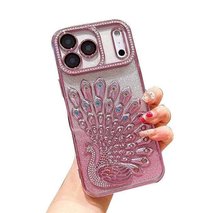 Image of mobistyle Designed for iPhone 17 Pro Max,3D Diamond Luxury Electroplate Glitter Peacock Tail Bling Design Camera Protection Shockproof Phone Case for (Pink, iPhone 17 Pro Max)