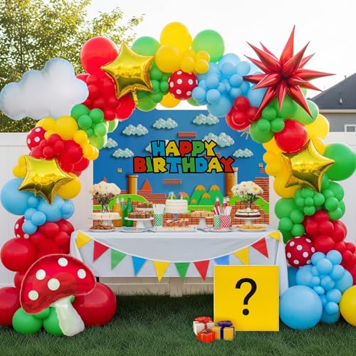 Image of Video Game Birthday Party Decorations Kit with Red Yellow Blue Balloon Arch