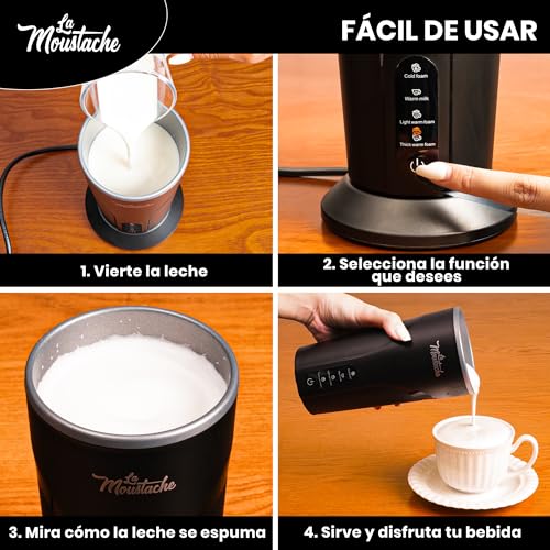 La Moustache - Espumador y Calentador de Leche Eléctrico【4 en 1】Espuma Tibia/Fría, Espesa/Fina | 300 ml - 500W | Automático y Silencioso para Café Latte, Cappuccino, Macchiato (Epic Foam Shaker)