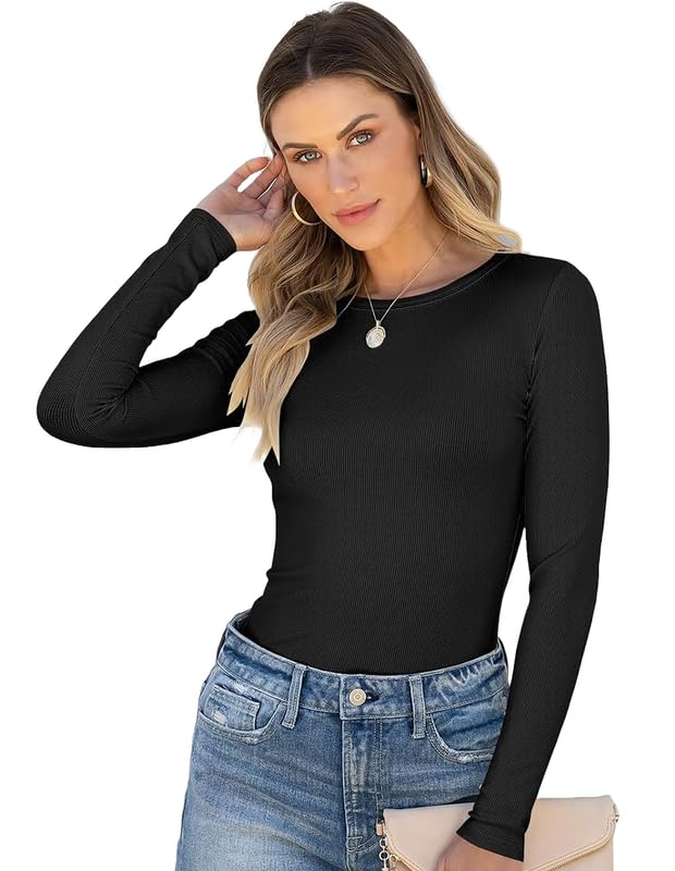 London Hills Women’s Solid Ribbed Long Sleeve Slim Fit T-Shirt | Stretchable Round Neck Top for Casual