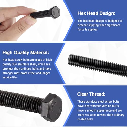 Image of Zonon 50 Pcs 3 /8-16 x 2-1 /2 inch Hex Head Screw Bolt 18-8 (304) Stainless Steel Hexagon Bolts, Fully Threaded, Plain Finish, External Hex Drive (Black)