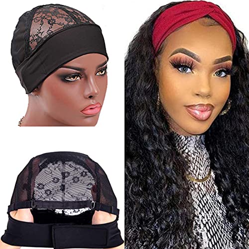 Headband Wig Cap for Wig Making 2pcs Lace Wig Cap with Adjustable Velcro Wig Grip Cap Ice Silk material,Wig Cap for Headband Wig (Black M for 22-23 inches head) JKELAR