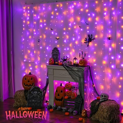 Image of JMEXSUSS 300LED Halloween Curtain Lights, Orange and Purple, 9.8x9.8ft