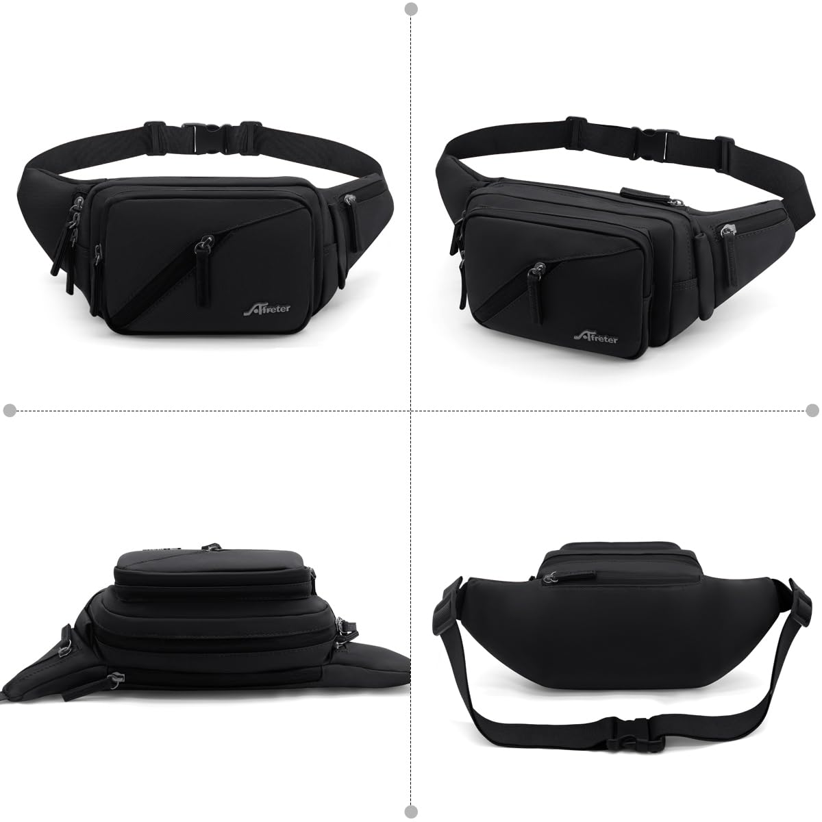 REETEE Bauchtasche Damen und Herren Wasserabweisende Gürteltasche mit Flaschenhalter, Mehrere Fächer Hüfttasche Sport für Reise Wandern Hundetraining Outdoor-Aktivitäten (schwarz)