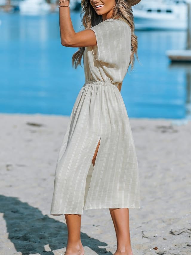 CUPSHE Women Beach Cover Up V Neck Short Sleeve Striped Midi Swimsuit Coverup Dress XS-XXL - Image 2