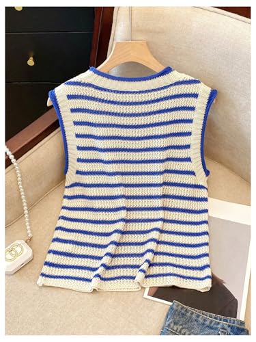 GORGLITTER Women's Crochet Striped Tank Tops Sleeveless Round Neck Trendy Cute Summer Lightweight Sweater Vest Top2