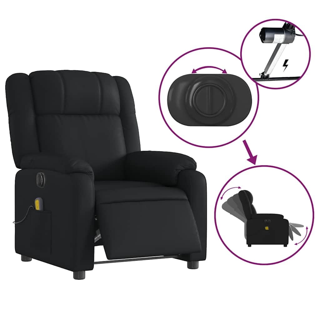 Sillón de masaje eléctrico negro de piel sintética con 6 puntos de masaje vibratorio y motor eléctrico, sillón relax con respaldo automático y reposapiés