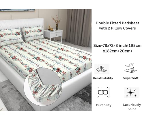 Image of RD TREND Presents Elastic Bedsheets for King Size Bed (78X72X8 Inch),Glace Cotton 210 TC with 2 Pillow Covers(18 X 28 Inch), Color-Green Red, Pattern-Floral Bail