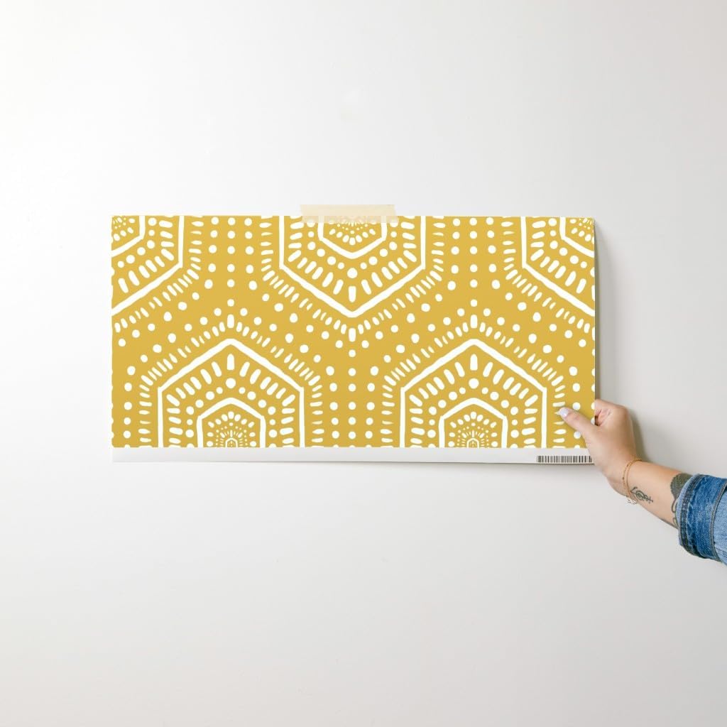 Spoonflower Peel & Stick Wallpaper Swatch - Boho Mustard Yellow Dots Paint Tribal Bohemian Hexago Custom Removable Wallpaper