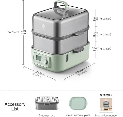 Miniatura 6 de BUYDEEM G67US-A503 Vaporizador Eléctrico de Alimentos para Cocinar, Vaporizador de Acero Inoxidable de 2 Niveles con Modo Manual, 1500W, 13.2 L,
