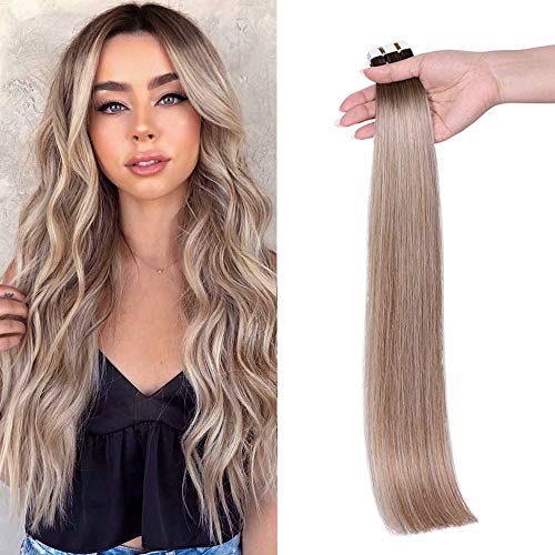 Maxfull Brown Balayage Tape In Human Hair Extensions, Super Invisible Semi-permanent Real Remy Hair Extensions, 20pcs, 20inch, 50g