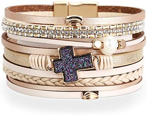 Hutou Leather Wrap Bracelet Boho Cuff Bracelets for Women Teen Girls Crystals Cross Bracelet Jewelry Gifts for Her Beige